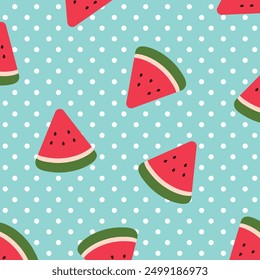 Watermelon seamless pattern with polka dots vector illustration.