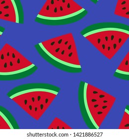 Watermelon seamless pattern. Red berry. Sweet exotic tropical fruit. Fashion design. Food print for dress, textile, curtain or linens. Hand drawn vector sketch background. Vegan menu