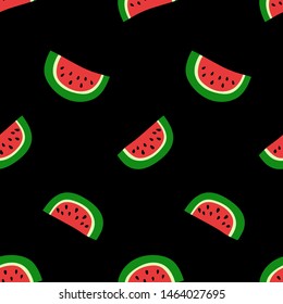 Watermelon seamless pattern. Red berry. Sweet exotic tropical fruit. Fashion design. Food print for dress. Hand drawn vector sketch black background. Vegan menu
