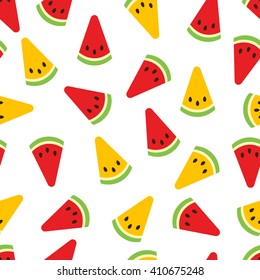 Watermelon seamless pattern. Red and yellow watermelon slices on white background. Fruit collection. Vector background EPS 8.