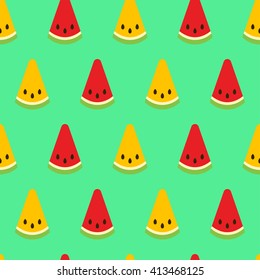 Watermelon seamless pattern. Red and yellow watermelon slices on green background. Fruit collection. Vector background EPS 8.