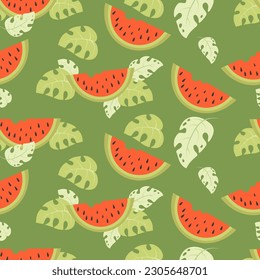 Patrón de sandía sin costuras. Saltos dispersos de sandías rojas con hojas sobre fondo verde. Ilustración vectorial en estilo plano