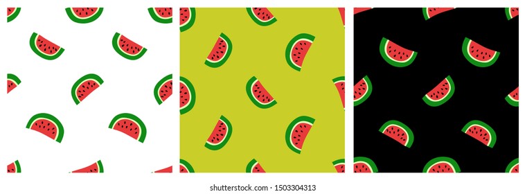 Watermelon seamless pattern set. Fashion clothing design. Food print for dress, skirt, linens or curtain. Hand drawn vector sketch background collection