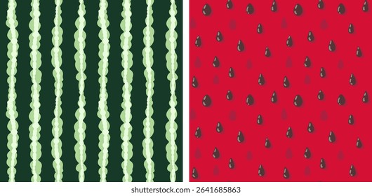 Watermelon seamless pattern set: includes hand-drawn depictions of green striped rind and juicy red flesh with seeds, perfect for backgrounds, decorative elements, covers, and fabric design