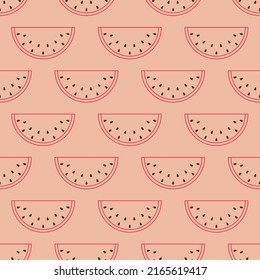 Watermelon seamless pattern. Watermelon slice icon in line art style. Fruit icon symbol. Outline of watermelon in pink color. Design for print on fabric, wrapping paper, wallpaper. Vector illustration