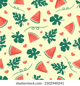 Watermelon seamless pattern with watermelon slices, leaves, flowers and hearts. Summer fruit vector illustration. Tropical background for baby fabric, kids textile, packaging, wrapping, scrapbook.