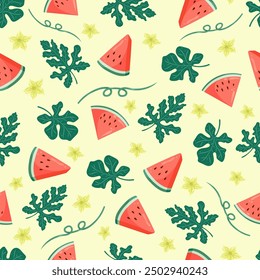 Watermelon seamless pattern with watermelon slices, leaves and flowers. Summer fruit vector illustration. Tropical fruit background for baby fabric, kids textile, packaging, wrapping, scrapbook.