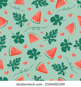 Watermelon seamless pattern with slices, leaves, flowers, hearts on trending silky sage green background. Vector illustration tropical background for baby fabric, kids textile, wrapping, scrapbook