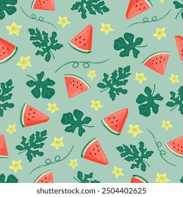 Watermelon seamless pattern with slices, leaves, flowers on trending silky sage green background. Vector illustration tropical background for baby fabric, kids textile, wrapping, scrapbook