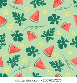 Watermelon seamless pattern with watermelon slices, leaves and flowers. Summer fruit vector illustration. Tropical fruit background for baby fabric, kids textile, packaging, wrapping, scrapbook.