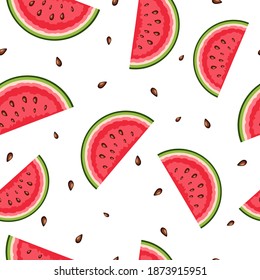 Watermelon. Seamless pattern with slices of red watermelon on a white background for fashion prints, fabrics, wallpapers, wrapping paper. Vector illustration.