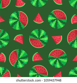 Watermelon seamless pattern slices and watermelon with seeds, pattern with juicy fruit, rounded plant vector illustration isolated on green background