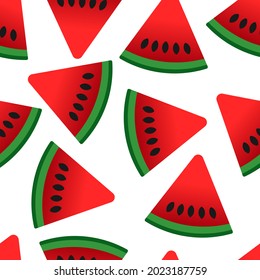 Watermelon seamless pattern. Watermelon slices with seeds on a white background. Vector flat pattern.