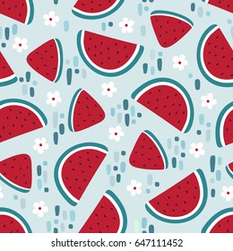 Watermelon seamless pattern with stains isolated on blue background. Vector illustration