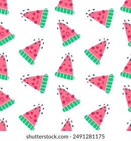 watermelon seamless pattern for summer background. Design for decor. Wrapping paper or banner. hand drawn vector illustration, flat. Watermelon slices smiley with different emotions in a cartoon style