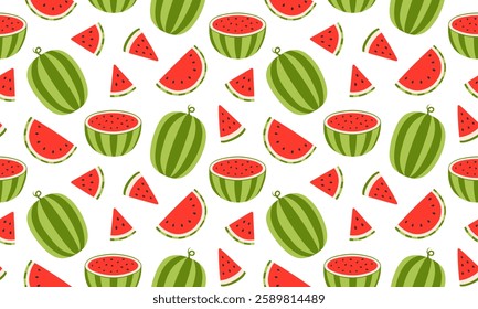 Watermelon seamless pattern. Summer fruits background design. Collection of organic vitamins and healthy nutrition. Flat Vector illustration