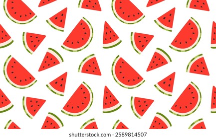Watermelon seamless pattern. Summer fruits background design. Collection of organic vitamins and healthy nutrition. Flat Vector illustration