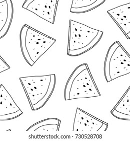 Watermelon seamless pattern. Summer fruits black and white contour vector background
