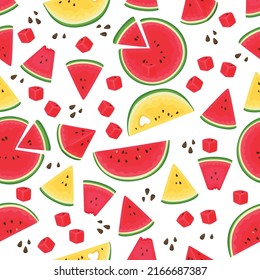 Watermelon seamless pattern. Summer juicy fruit, red and yellow slices with seeds, sweet cubes, bright color wallpaper, tropical tasty berries, recent background, decor textile, vector print