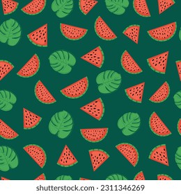 Watermelon seamless pattern, summer print, green background	
