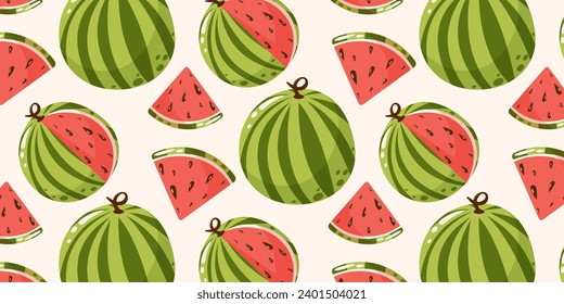 Wassermelone nahtloses Muster. Sommertropische Früchte oder Beerenvektorgrafik im Cartoon-Stil auf isoliertem Hintergrund. Papier, Umschlag, Stoff, Geschenkverpackung