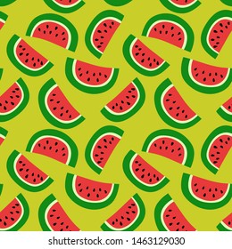 Watermelon seamless pattern. Sweet exotic tropical fruit. Fashion design. Food print for dress, textile or linens. Hand drawn vector sketch background. Vegan menu