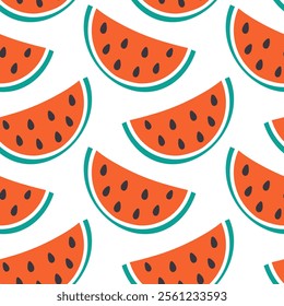 Watermelon Seamless Pattern in trendy minimalistic doodle. Healthy food abstract background texture