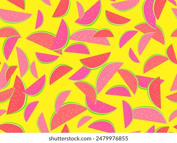 Watermelon seamless pattern. Triangular slices of watermelon. Sliced ​​watermelon slices, tropical summer background. Design for wallpapers, wrappers, covers and banners. Vector illustration