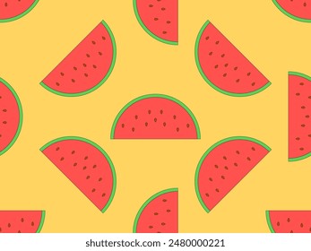 Watermelon seamless pattern. Triangular slices of watermelon. Sliced watermelon slices, tropical summer background. Design for wallpapers, wrappers, covers and banners. Vector illustration