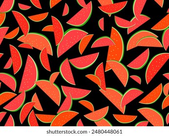 Watermelon seamless pattern. Triangular slices of watermelon. Sliced watermelon slices, tropical summer background. Design for wallpapers, wrappers, covers and banners. Vector illustration