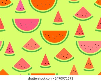 Watermelon seamless pattern. Triangular slices of watermelon. Sliced watermelon slices, tropical summer background. Design for wallpapers, wrappers, covers and banners. Vector illustration