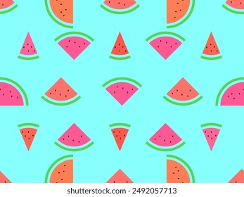 Watermelon seamless pattern. Triangular slices of watermelon. Sliced watermelon slices, tropical summer background. Design for wallpapers, wrappers, covers and banners. Vector illustration