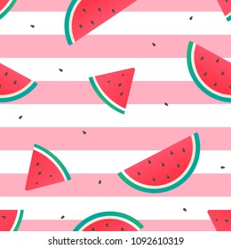 Watermelon Seamless Pattern Vector Illustration. Watermelon Slices On Pink And White Stripes Background.