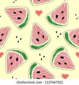 Watermelon seamless pattern. Vector illustration: seamless pattern with cone red watermelon slices and hearts on yellow background. It is surrounded by a dotted line.