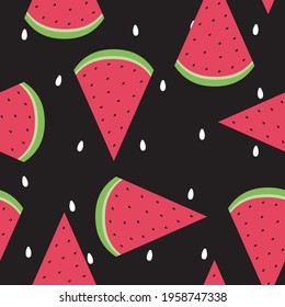 Watermelon seamless pattern Vector illustration in flat design Ripe pieces of watermelon with white seeds on black background