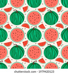 Watermelon seamless pattern vector illustration. Fresh summer berry pieces texture design. Tropical food background. wrapping.