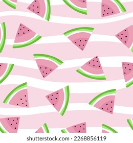 Watermelon Seamless Pattern Vector illustration, watermelon slices on pink and white stripes background.