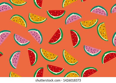 Watermelon seamless pattern. Vegan, vegetarian food. Good for leaflets, cards, posters, prints, menu, booklets. 