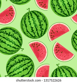 Watermelon seamless pattern. Whole striped watermelon and red slices with seeds on a green background. Vector illustration of fresh fruit in cartoon simple flat style.
