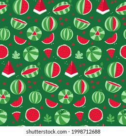 Watermelon seamless pattern. Whole striped watermelon and red slices with seeds on a green background. Vector hand drawn illustration of fresh fruit in cartoon simple flat style