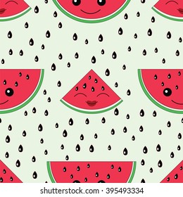 Watermelon seamless pattern.Baby and kids style abstract geometric background.Colorful vector illustration. Funny watermelons.Cute kawaii smiling watermelons