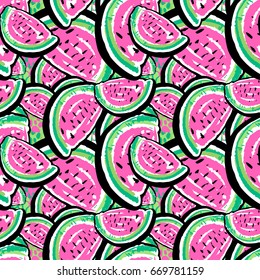 Watermelon seamless pattern.Hand painted expressive tropical flovoured motifs for textile,wrapping, decoration.