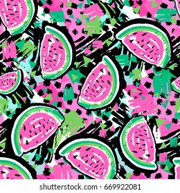Watermelon seamless pattern.Hand painted expressive tropical flovoured motifs for textile,wrapping, decoration.
