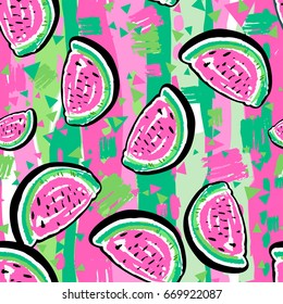 Watermelon seamless pattern.Hand painted expressive tropical flovoured motifs for textile,wrapping, decoration.