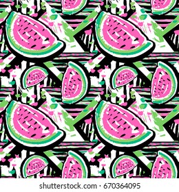 Watermelon seamless pattern.Hand painted expressive tropical flovored motifs for textile,wrapping, decoration.