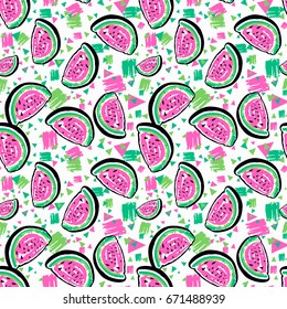 Watermelon seamless pattern.Hand painted expressive tropical flovoured motifs for textile,wrapping, decoration.