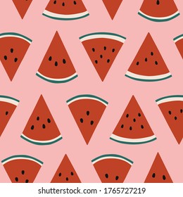 Watermelon seamless vector pattern. Summer hand drawn background. Trendy tropical pattern for print, textile, wrapping paper and decoration design. Simple vector fruit illustration
