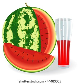 Watermelon in the section and a glass of juice. Vector.