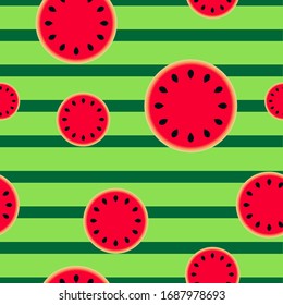 Watermelon with seeds on a green striped background. Seamless vector pattern for fabric, wrapping paper, wallpaper.