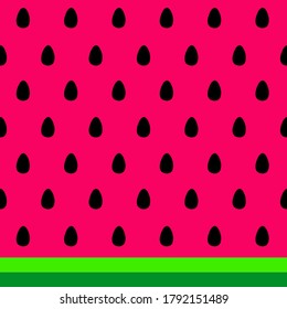 Watermelon seeds and rind (skin) background. Black watermelon seeds on the pink background, striped dark and light green rind. Vector illustration.